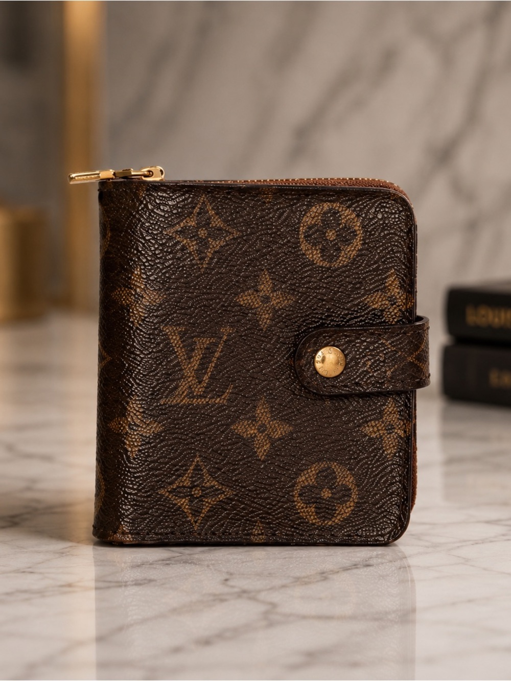 Louis Vuitton Monogram Compact Wallet Vintage Snap Zip Bifold Brown Leather